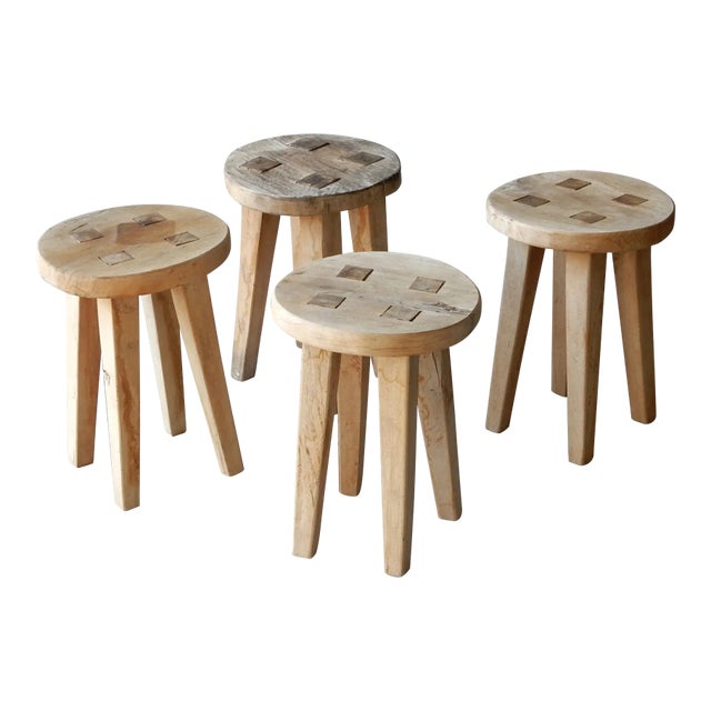 Set of 4 Primitive Wabi Sabi Wood Stools For Sale