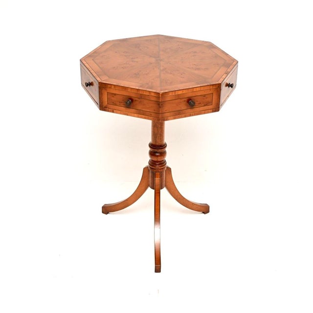 A beautiful and very well made antique Regency style inlaid yew wood octagonal drum table. This was made in England, we...
