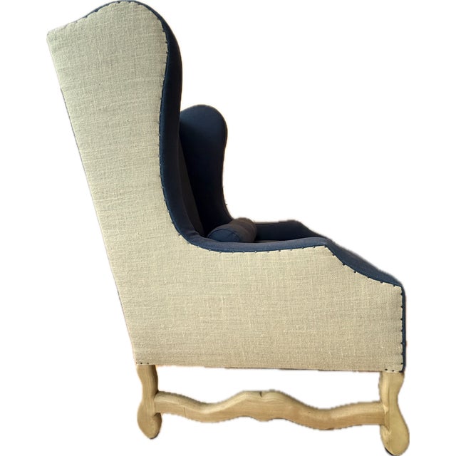 A Pair of Custom Blue Wingback Chairs Blue Herringbone by Mitchell Gold & Bob Williams / Navy Blue Linen by Restoration Hardware For Sale - Image 16 of 18