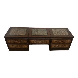 Vintage South East Asian Hand-Carved Five-Drawer Coffee Table With 3 Piece Glass Top Insets For Sale
