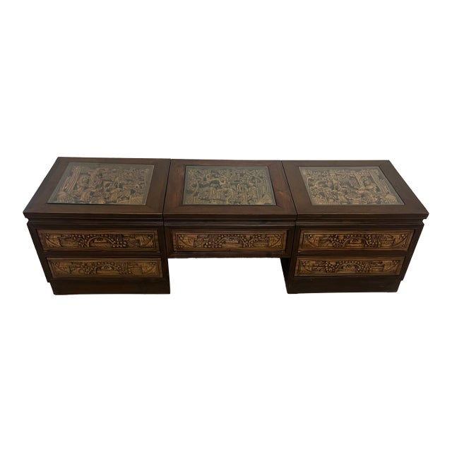 Vintage South East Asian Hand-Carved Five-Drawer Coffee Table With 3 Piece Glass Top Insets For Sale