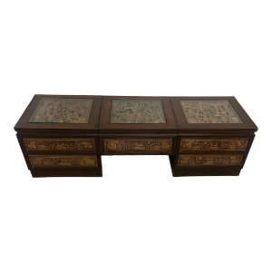 Vintage South East Asian Hand-Carved Five-Drawer Coffee Table With 3 Piece Glass Top Insets