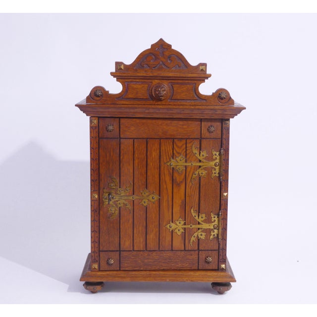 1940s Antique Gothic Wooden Wall Cabinet with Ornate Brass Hinges and Lion Head, 1940s For Sale - Image 5 of 11