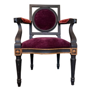 Hollywood Regency Ebonized Armchair With Bold Fabric For Sale