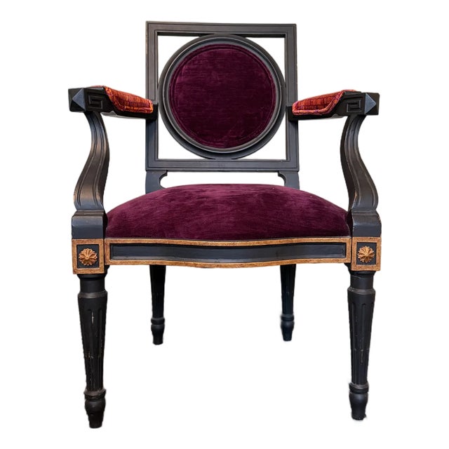 Hollywood Regency Ebonized Armchair With Bold Fabric For Sale