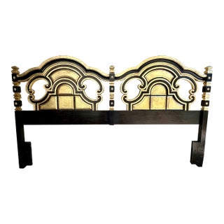 Stunning Vintage Hollywood Regency Mediterranean Style Ebony and Parcel Gilt King Size Headboard-Newly Painted For Sale