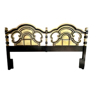 Vintage Hollywood Regency Mediterranean Style Ebony and Parcel Gilt King Size Headboard-Newly Painted