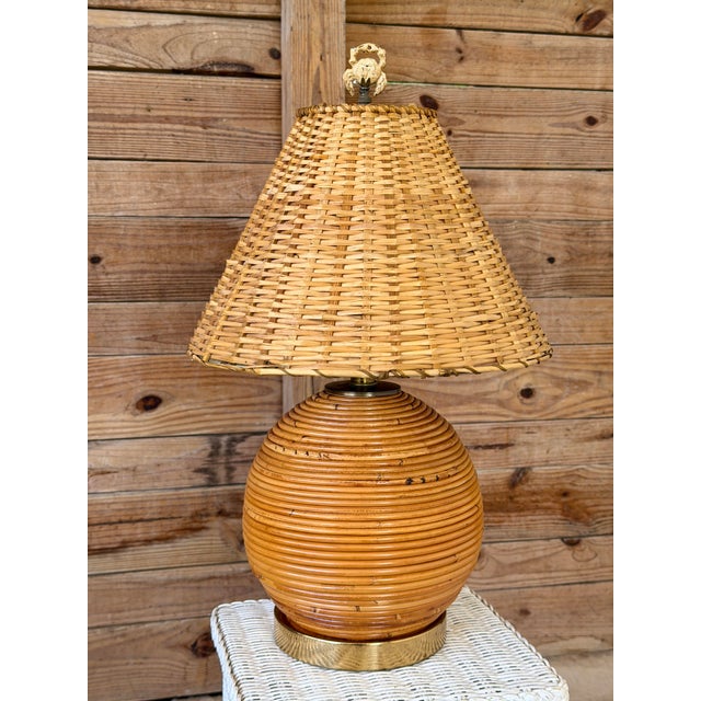 Vintage Pencil Rattan Table Lamp With Crab Finial & Woven Shade For Sale - Image 11 of 12