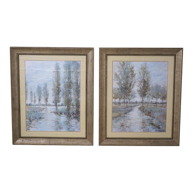 Pair Framed & Matted Meadow & Tree Scene Prints For Sale