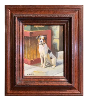 Oil on Canvas Terrier Painting in Carved Frame Signed M. Cahill