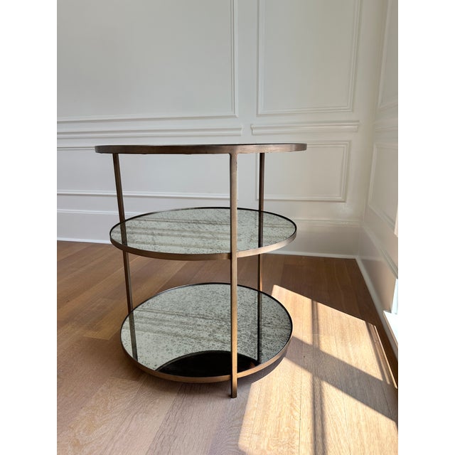 Metal Arteriors Round Three-Tier Bar Cart With Antiqued Mirror Shelves For Sale - Image 7 of 8