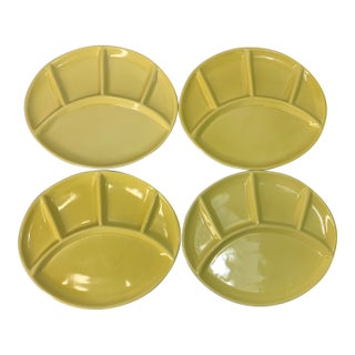 Vintage Mid-Century Yellow Stoneware Divided Fondue Grill Plates - Set of 4 For Sale