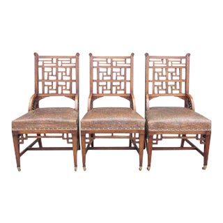 English Blyth & Sons Aesthetic Movement Mahogany and Leather Seat Lattice Side Chairs - Set of 3 For Sale