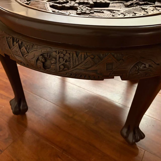 Vintage Carved Asian Hardwood Tea Table With Glass Top and Matching Nesting Stools For Sale - Image 15 of 18