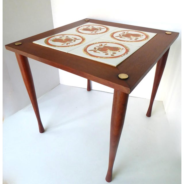 Wonderful tile & wood small side table attributed to Georges Briard from c. 1969 featuring cherries, strawberry and the...