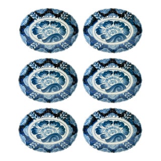 Japanese Blue Peony Motif Salad Bowls, Set of 6 For Sale