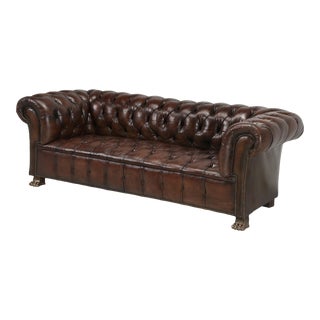 Restored English Chesterfield Leather Sofa Lion Paw Feet For Sale