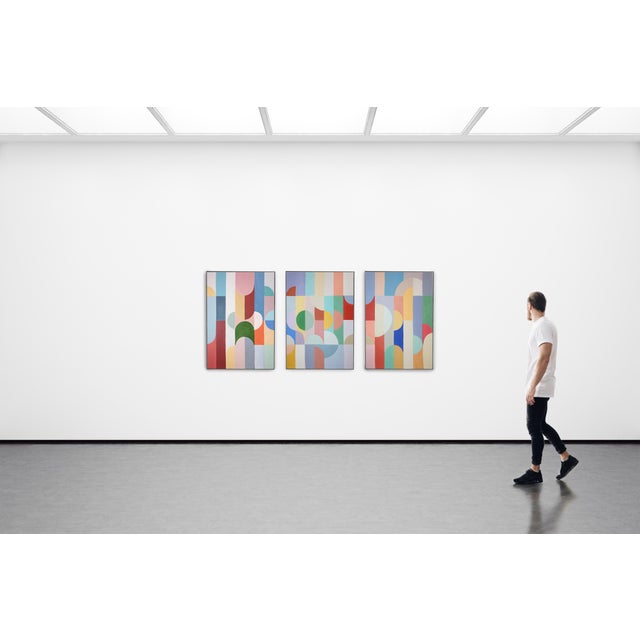 2026, Bauhaus Geometric Triptych Painting in Vivid Pastel Tones, Chromatic Deco Radiance, Acrylic Paint on Watercolor Paper For Sale - Image 10 of 11