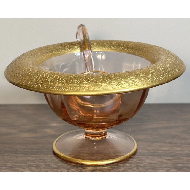 1930s Antique 1930’s Gilded Pink Depression Glass Footed Condiment Bowl With Ladle For Sale - Image 5 of 8