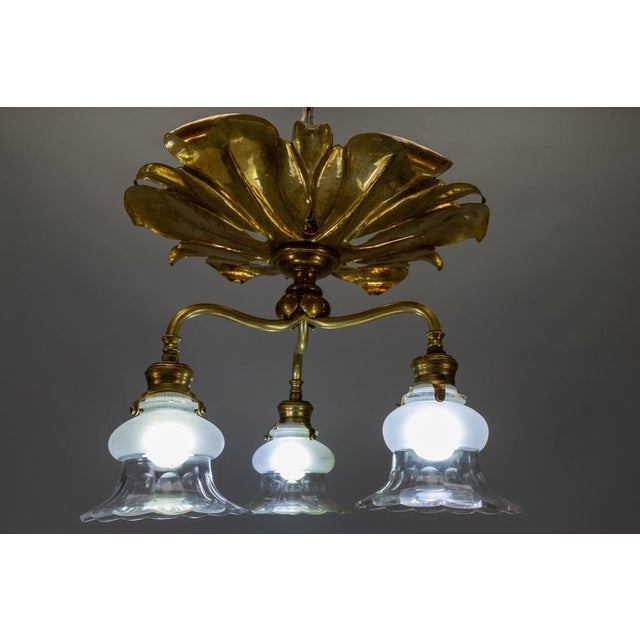 French Art Nouveau Brass and Glass Three-Light Flush Mount Ceiling Light, 1920 For Sale - Image 10 of 18