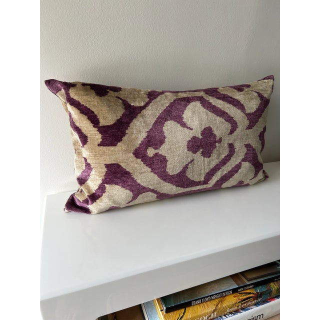 Contemporary version of a traditional Ottoman or Ikat motif is printed on velvet luxuriously soft and in pristine...