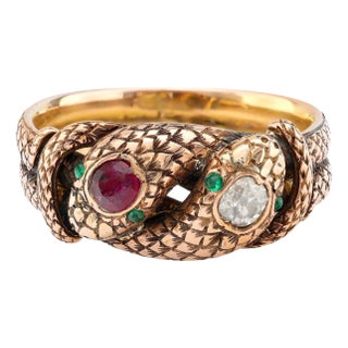 19th Century Victorian 18k Rose Gold Ruby Diamond Snake Ring For Sale