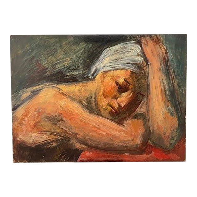 Vintage Mid-Century Figurative Oil Painting on Board | Woman in Thought For Sale