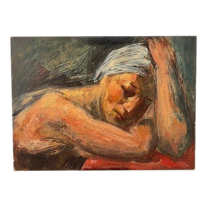 Vintage Mid-Century Figurative Oil Painting on Board | Woman in Thought