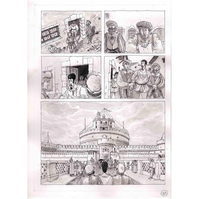 This work entitled "Cellini is arrested and brought to Castel Sant'Angelo" is a table of the graphic novel published in...