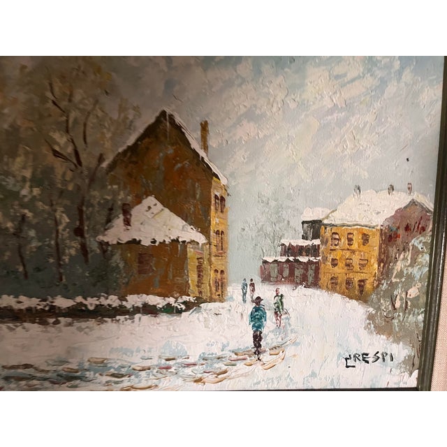 Charming original oil painting on canvas depicting a picturesque winter landscape. The composition features a snow-covered...