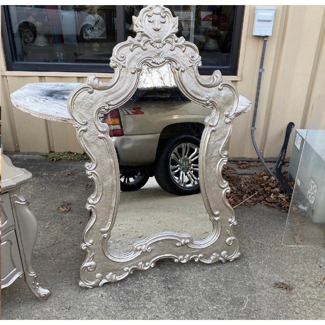 Vintage Oversized Silver Wooden Rococo Style Wall Mirror For Sale - Image 4 of 7