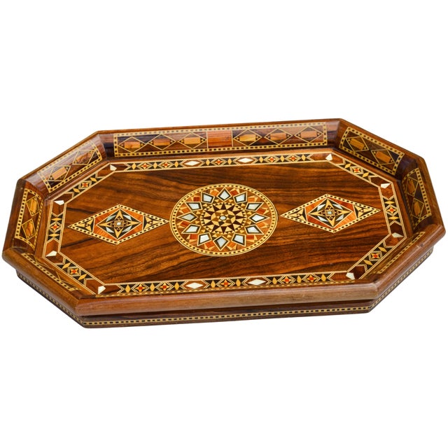 Moroccan Mid 20th Century Handmade Moorish-Patterned Mother-of-Pearl Inlaid Tray For Sale - Image 3 of 6