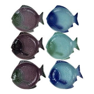 Vintage Faiobidos Portuguese Majolica Ceramic Dessert Appetizer Fish Plates-Set of 6 For Sale