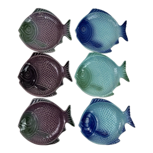 Vintage Faiobidos Portuguese Majolica Ceramic Dessert Appetizer Fish Plates-Set of 6