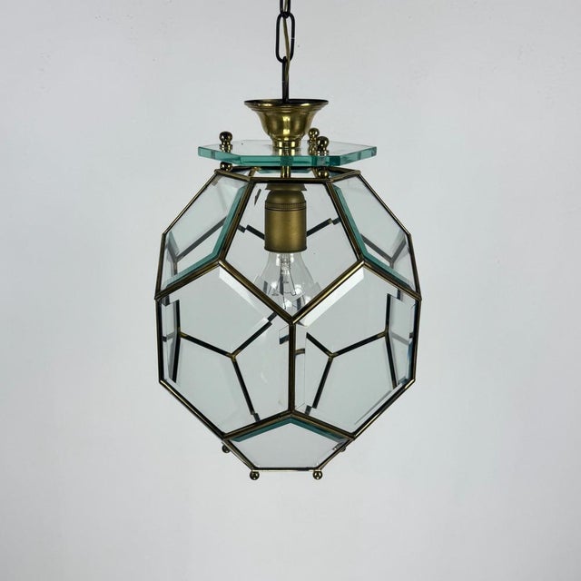 Metal Italian Brass and Beveled Glass Pendant Light in the style of Adolf Loos, 1960s For Sale - Image 7 of 11