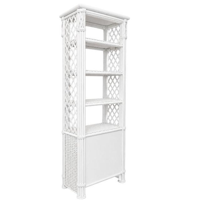 Paint Pair of Petite White Lacquer Faux Bamboo & Wicker Étagère Cabinets For Sale - Image 7 of 9