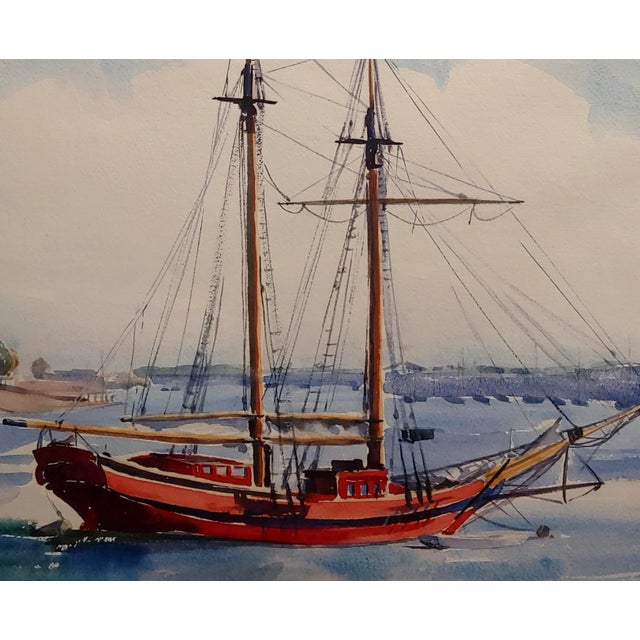 American Virgene Hawthorne - Red Sail Boat Resting at Bay - 1950s Painting For Sale - Image 3 of 9