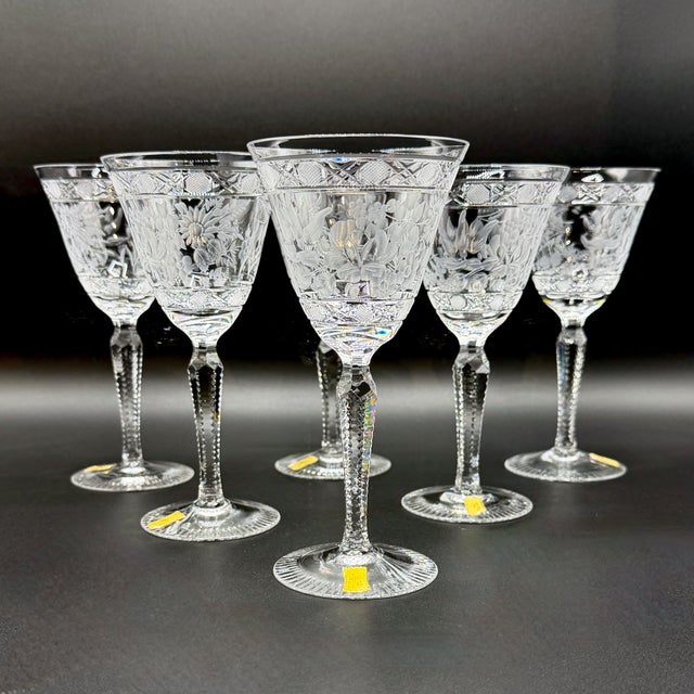 Meissen Crystal Wine Glasses, Floral Engraved & Cane Cut, German Bleikristall, 1960s, Set of 6 For Sale - Image 16 of 18