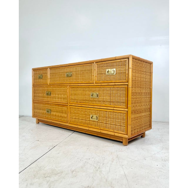 Late 20th Century Vintage Campaign Style Faux Bamboo Wicker Chest of Drawers For Sale - Image 5 of 12