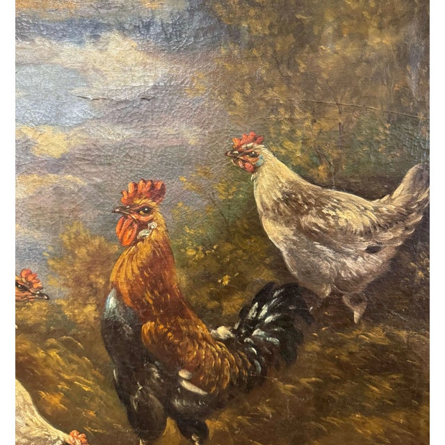 Green 19th Century Oil on Canvas Chicken Painting in Gilt Frame Signed H. Schouten For Sale - Image 8 of 10