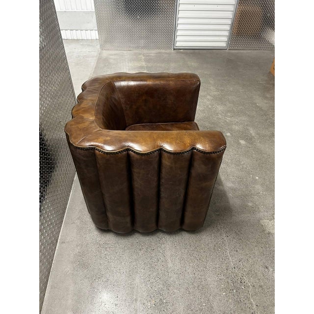 Early 21st Century Vintage Fluted Back Art Deco Style Brown Leather Armchairs - A Pair For Sale - Image 5 of 8