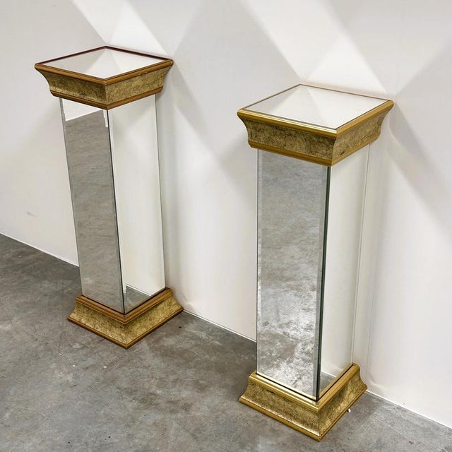 Vintage Mirrored Pedestals in Gilt Finish from Deknudt, Belgium, 1980s, Set of 2 For Sale - Image 4 of 13