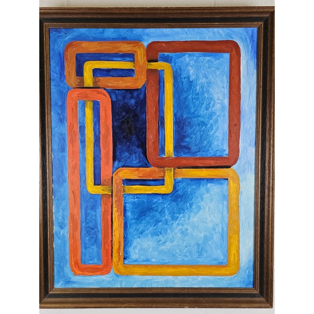 Original Mid Century Painting On Canvas By Roberto Morassi. Featuring A Vibrant Blue Background With Orange & Yellow...