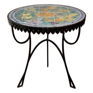 Italian Hand-Painted Ceramic Tile Top Bistro, Side Table With Wrought Iron Base, 1950s For Sale