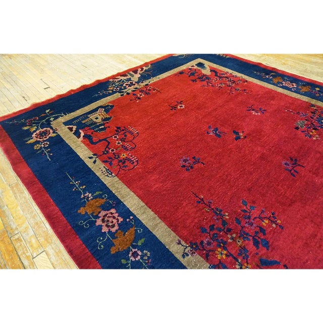 Red 1920s Red Floral Antique Chinese Art Deco Rug 9' X 9'9'' Handknotted Wool Carpet For Sale - Image 8 of 9