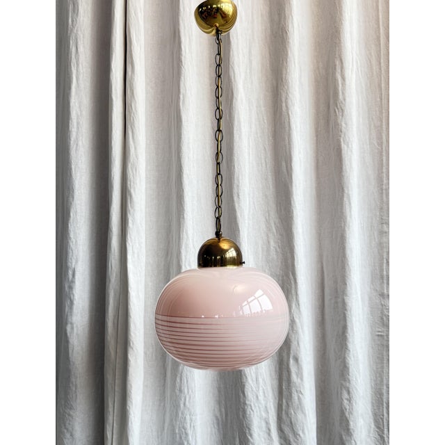 Mid-Century Modern Mid-Century Pink Swirl Murano Glass and Brass Pendant, Italy, 1970s For Sale - Image 3 of 17
