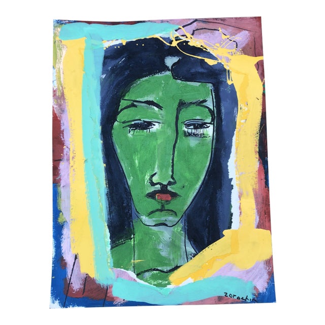 Original Contemporary Abstract Female Portrait Painting/Collage by Stephen Zorochin For Sale