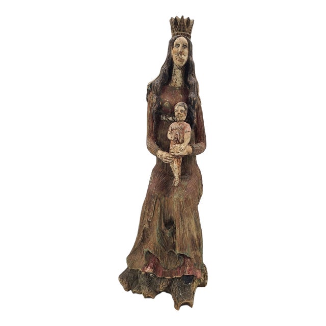 Hand-Carved and Polychromed Wooden Folk Sculpture of the Virgin Mary with Child, Early 20th Century For Sale
