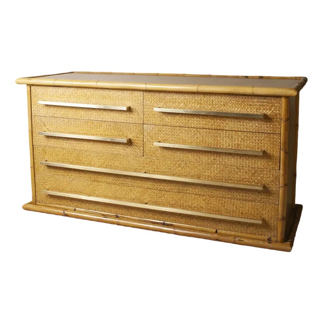 Italian Bamboo & Wicker Sideboard with Drawers and Brass Handles, 1960s For Sale