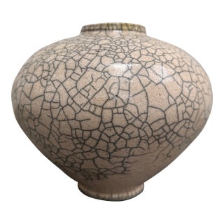 Vintage Raku Fire Vessel Crackle Glazed Ceramic Pottery Vase Signed For Sale